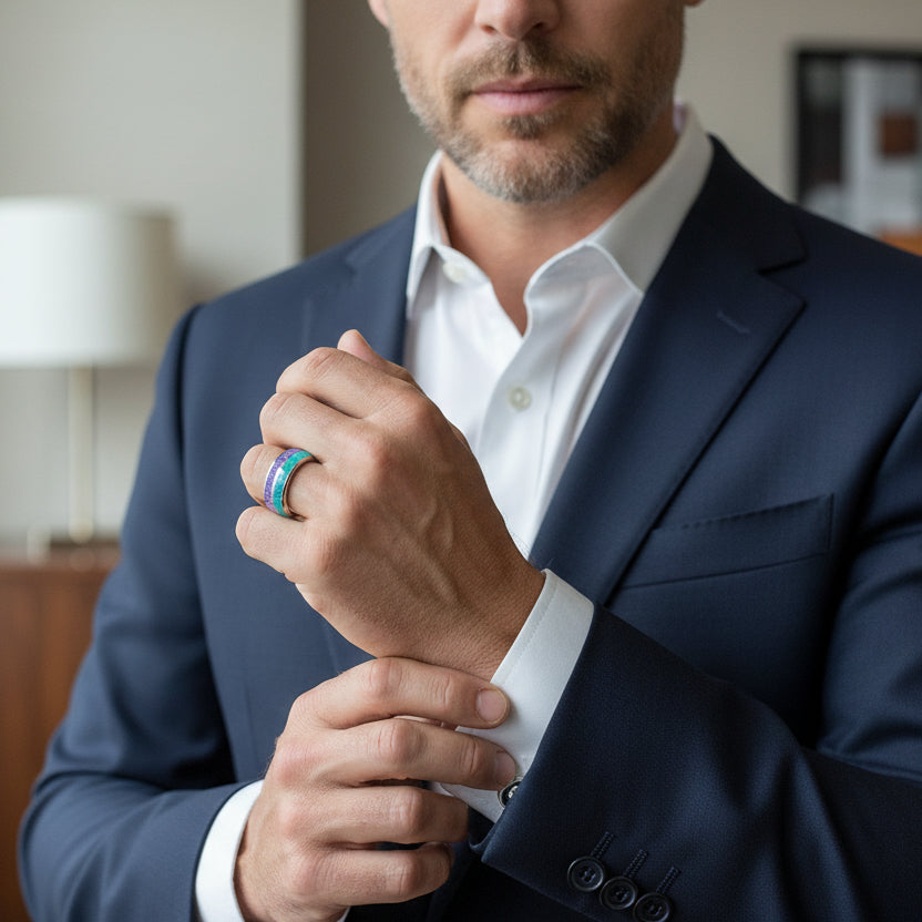 8MM Tungsten Ring with Purple Carbon Fiber & Turquoise