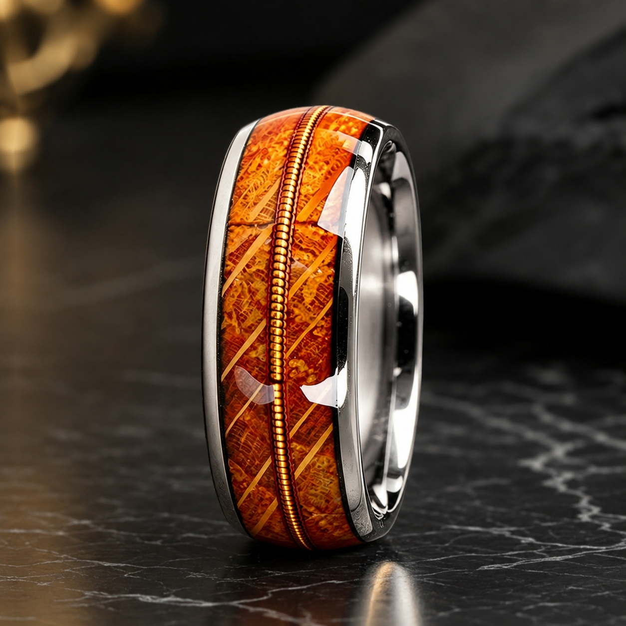 8MM Tungsten Ring with Whiskey Barrel Wood