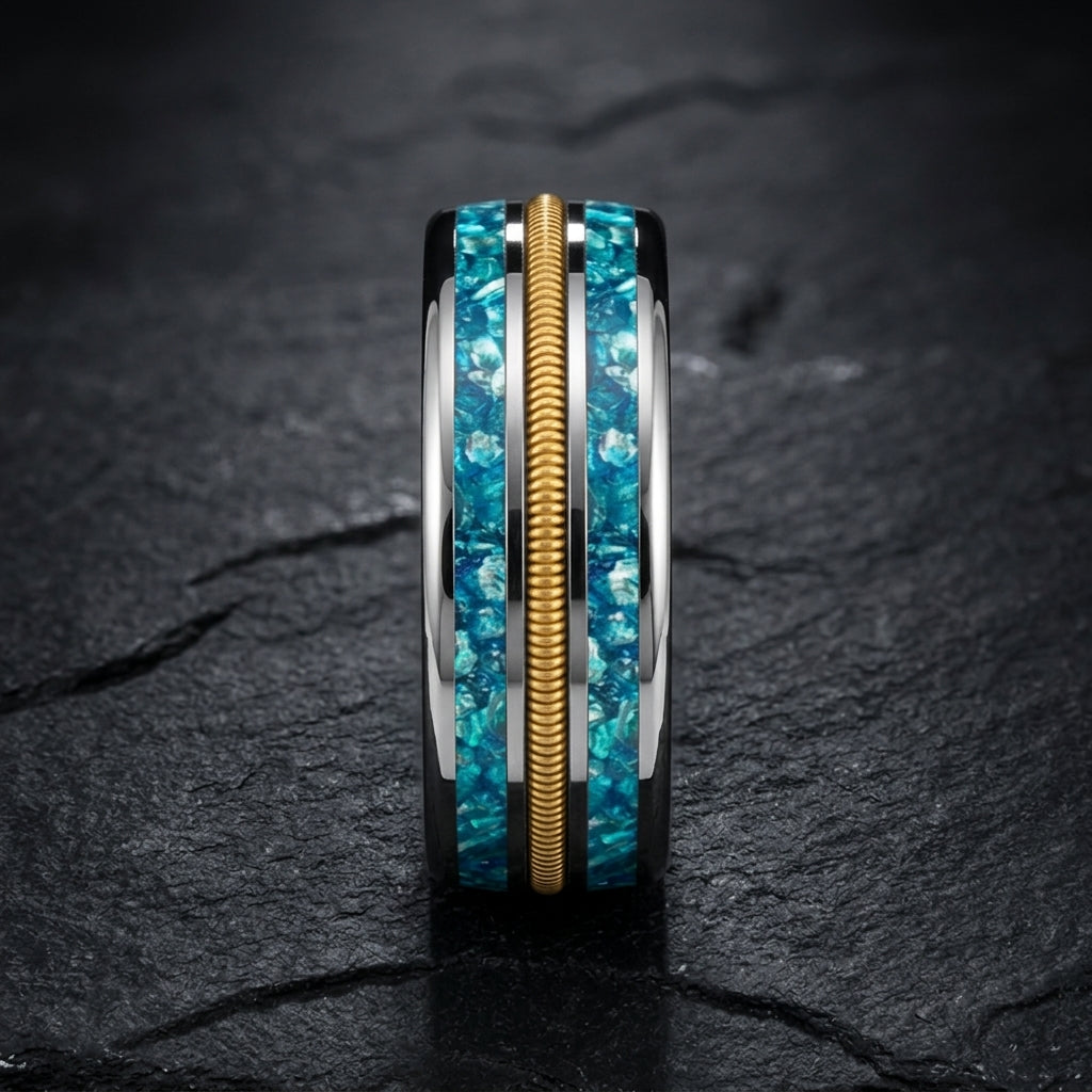 8MM Tungsten Ring with Blue Crystal & Guitar String Inlay