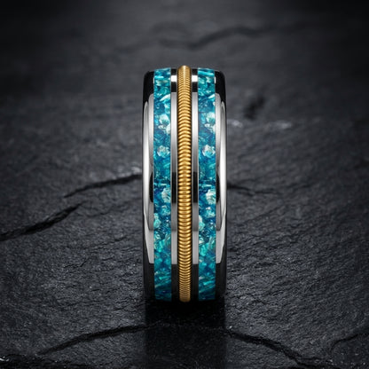 8MM Tungsten Ring with Blue Crystal & Guitar String Inlay