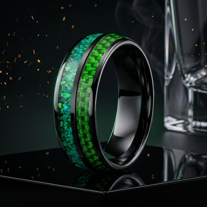 8MM Tungsten Ring with Green Opal & Carbon Fiber Inlay