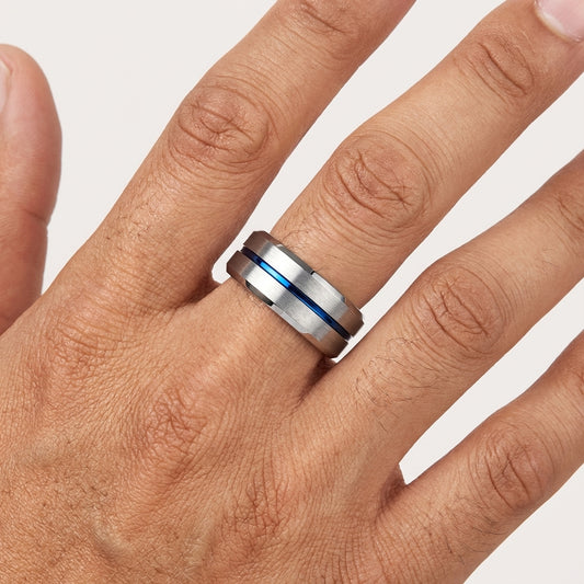 8MM Tungsten Ring with Blue Center Line & Beveled Edges