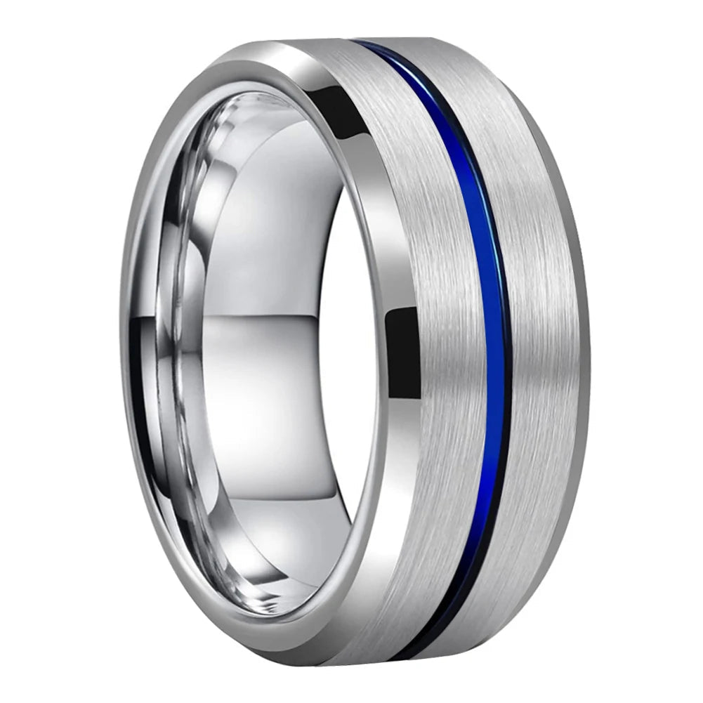 8MM Tungsten Ring with Blue Center Line & Beveled Edges