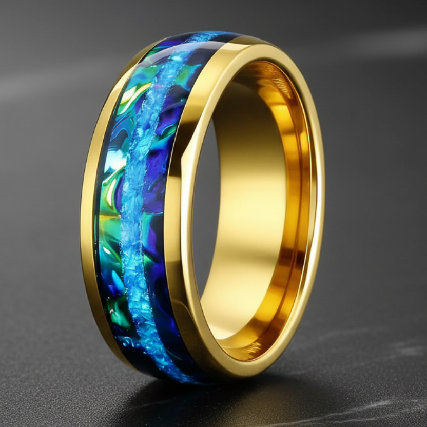 8MM Tungsten Ring with Blue Opal & Dragon Burl Inlay