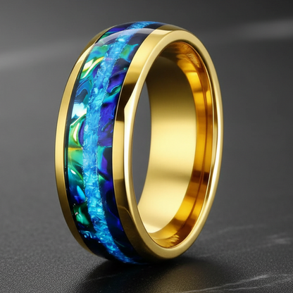 8MM Tungsten Ring with Blue Opal & Dragon Burl Inlay