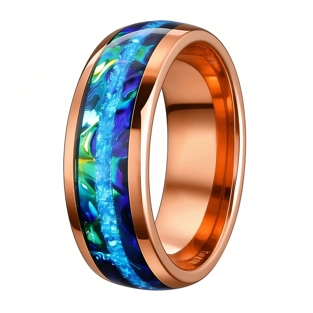 8MM Tungsten Ring with Blue Opal & Dragon Burl Inlay