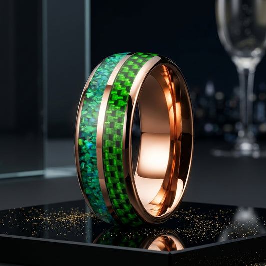 8MM Tungsten Ring with Green Opal & Carbon Fiber Inlay
