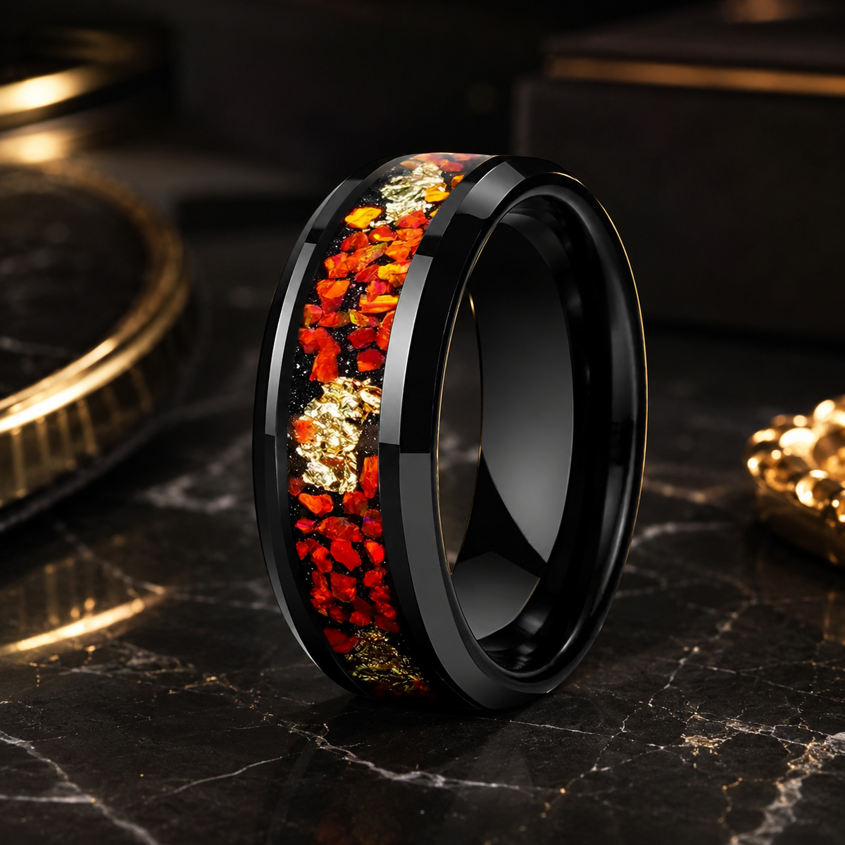 8MM Tungsten Ring with Orange Opal And Gold Foil