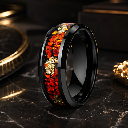 8MM Tungsten Ring with Orange Opal And Gold Foil