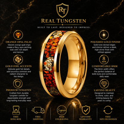 8MM Tungsten Ring with Orange Opal & Gold Foil