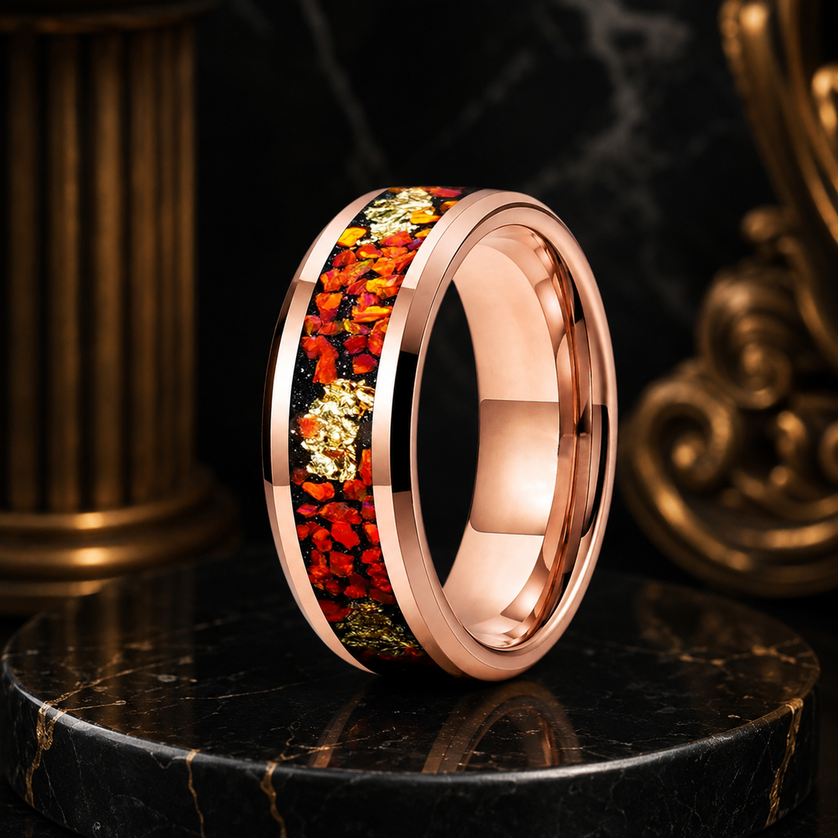 8MM Tungsten Ring with Orange Opal & Gold Foil