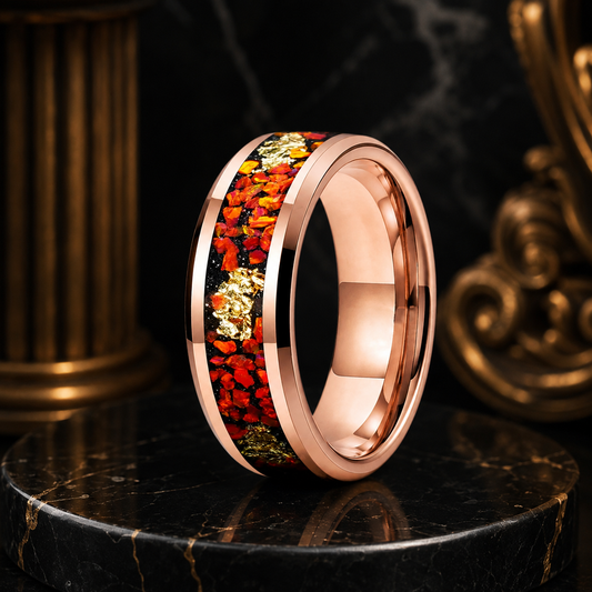8MM Tungsten Ring with Orange Opal & Gold Foil