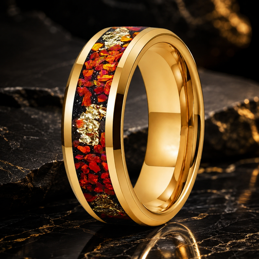 8MM Tungsten Ring with Orange Opal & Gold Foil