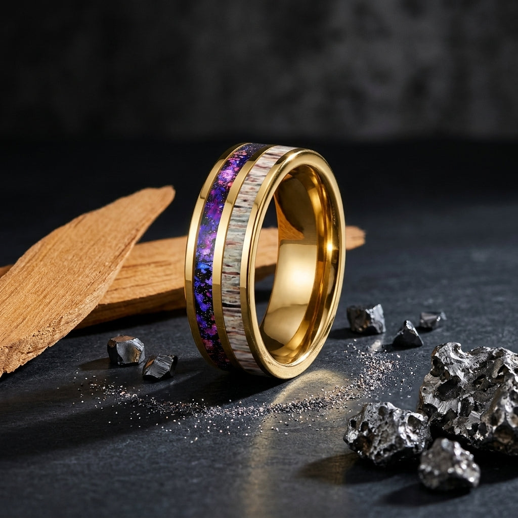 8MM Tungsten Ring with Orion Nebula & Deer Antler Inlay