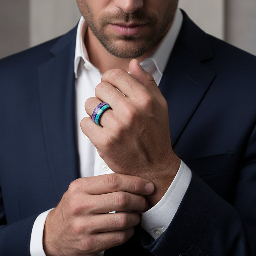 8MM Tungsten Ring with Purple Carbon Fiber &-Turquoise