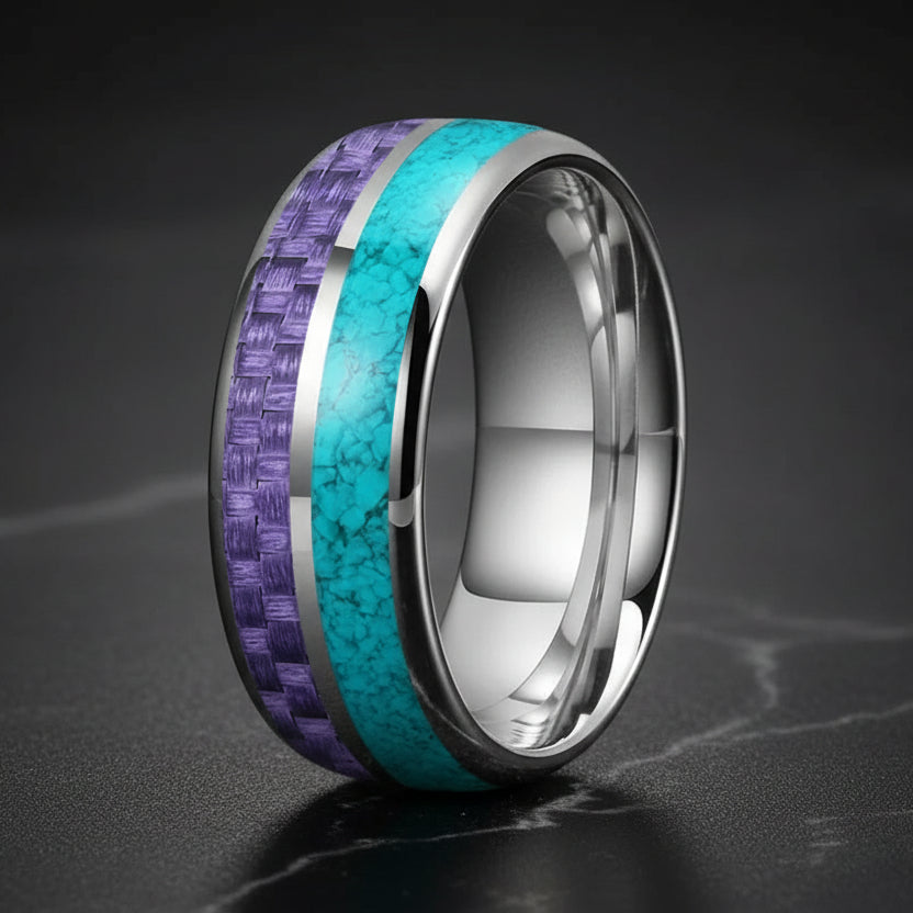 8MM Tungsten Ring with Purple Carbon Fiber & Turquoise