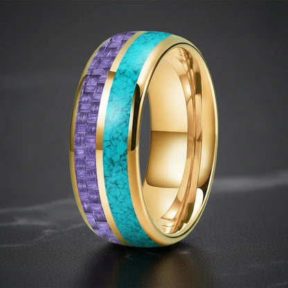 8MM Tungsten Ring with Purple Carbon Fiber & Turquoise