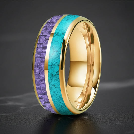 8MM Tungsten Ring with Purple Carbon Fiber & Turquoise