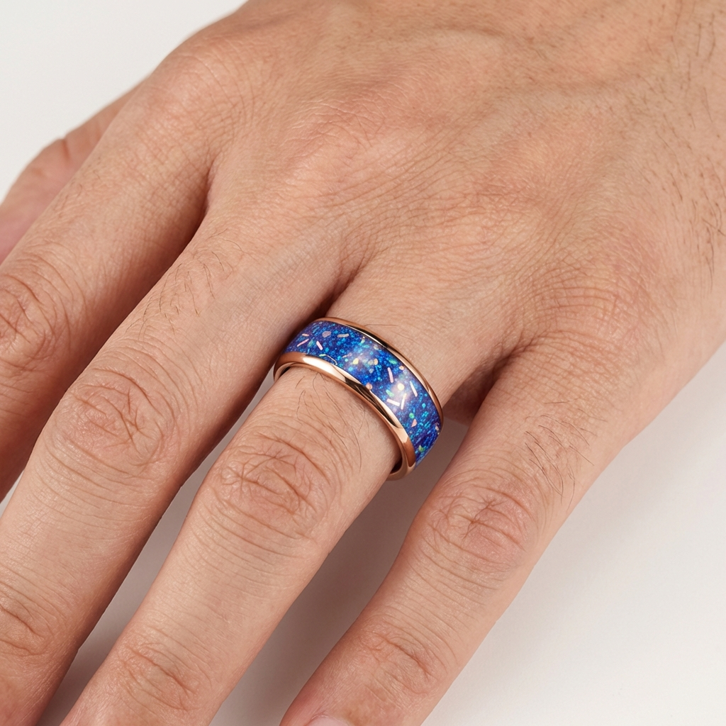 8MM Tungsten Wedding Band with True Blue Galaxy Opal Inlay