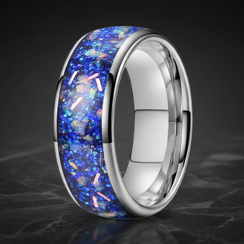 8MM Tungsten Wedding Band with True Blue Galaxy Opal Inlay