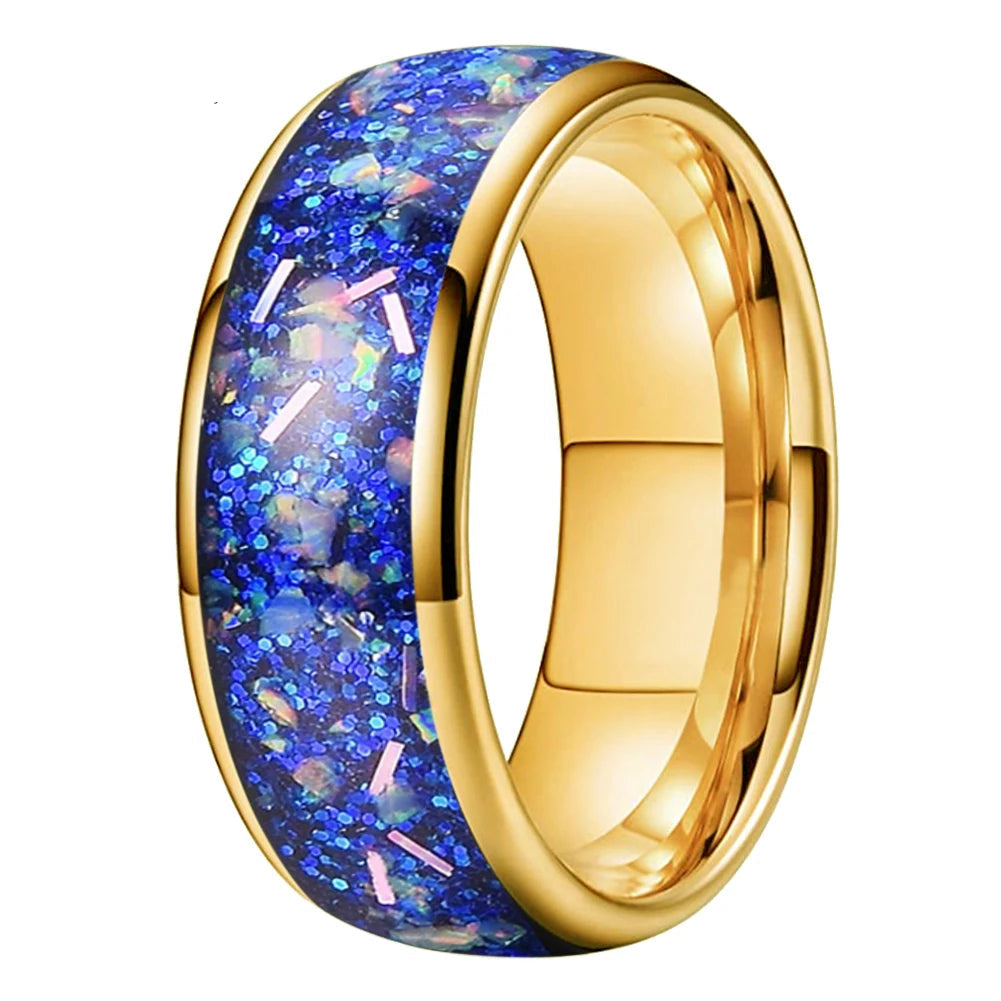 8MM Tungsten Wedding Band with True Blue Galaxy Opal Inlay