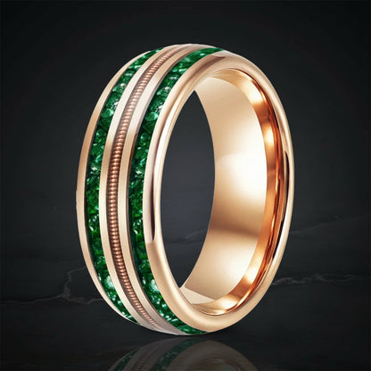 8MM Tungsten Wedding Band with Green Crystal & Rose Gold Guitar String