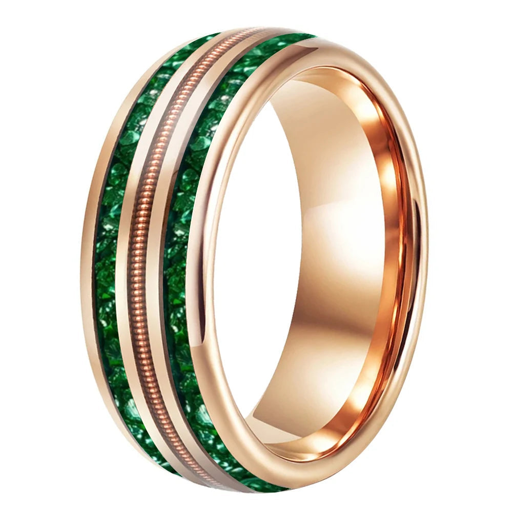 8MM Tungsten Wedding Band with Green Crystal & Rose Gold Guitar String
