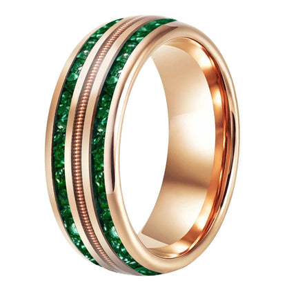 8MM Tungsten Wedding Band with Green Crystal & Rose Gold Guitar String