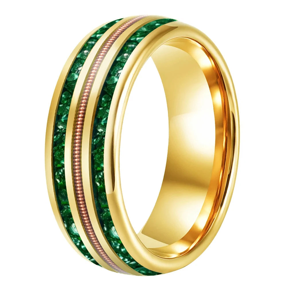 8MM Tungsten Wedding Band with Green Crystal & Rose Gold Guitar String