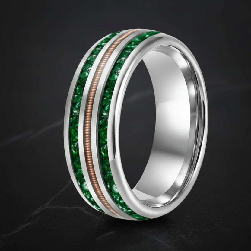 8MM Tungsten Wedding Band with Green Crystal & Rose Gold Guitar String