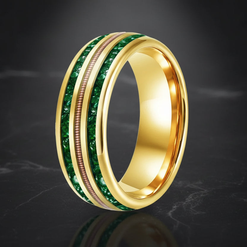 8MM Tungsten Wedding Band with Green Crystal & Rose Gold Guitar String