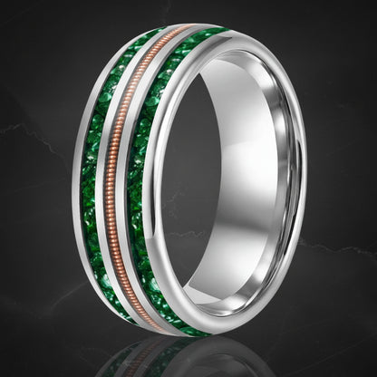 8MM Tungsten Wedding Band with Green Crystal & Rose Gold Guitar String
