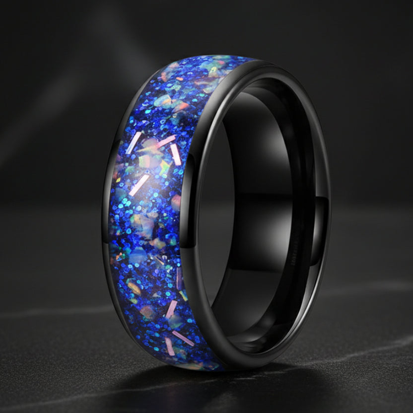 8MM Tungsten Wedding Band with True Blue Galaxy Opal Inlay