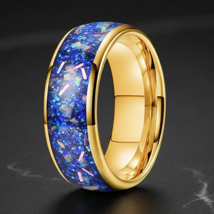 8MM Tungsten Wedding Band with True Blue Galaxy Opal Inlay