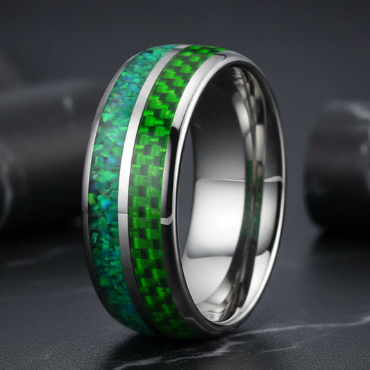 8MM Tungsten Ring with Green Opal & Carbon Fiber Inlay