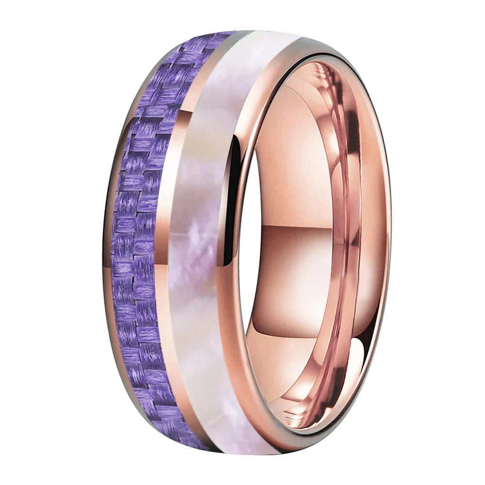 8MM Tungsten ring with Purple Carbon Fiber & Pink Abalone Inlay