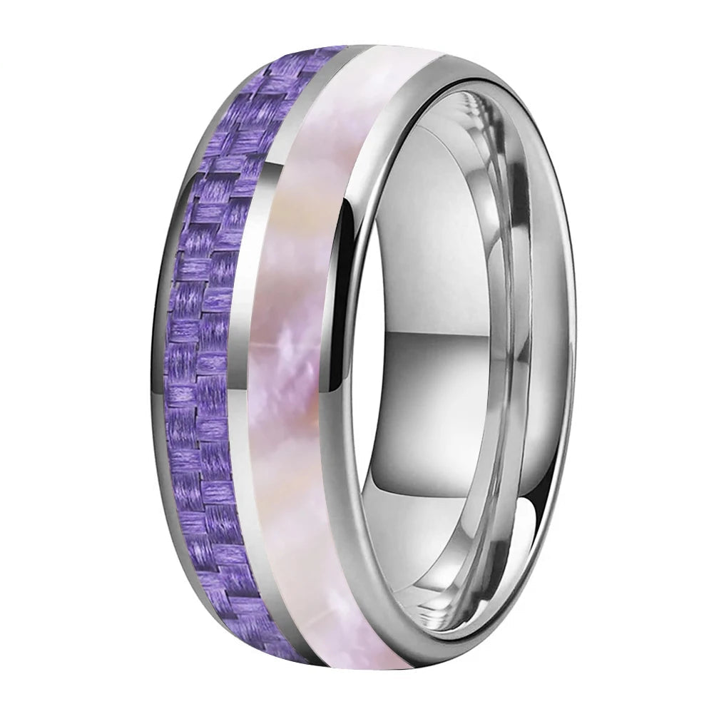 8MM Tungsten ring with Purple Carbon Fiber & Pink Abalone Inlay