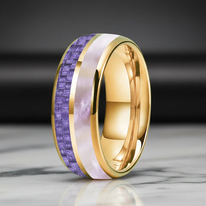 8MM Tungsten ring with Purple Carbon Fiber & Pink Abalone Inlay
