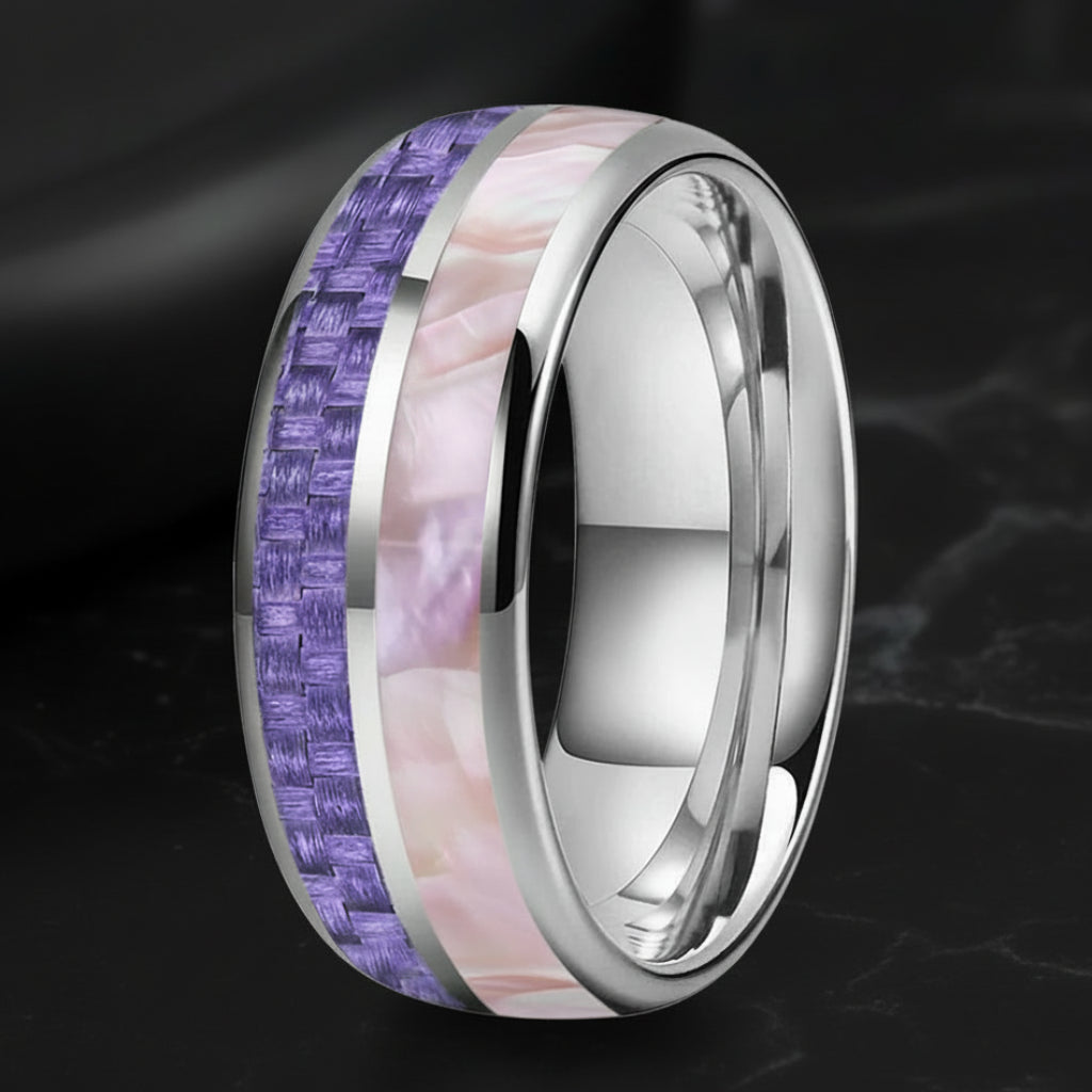 8MM Tungsten ring with Purple Carbon Fiber & Pink Abalone Inlay