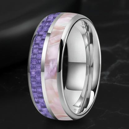 8MM Tungsten ring with Purple Carbon Fiber & Pink Abalone Inlay