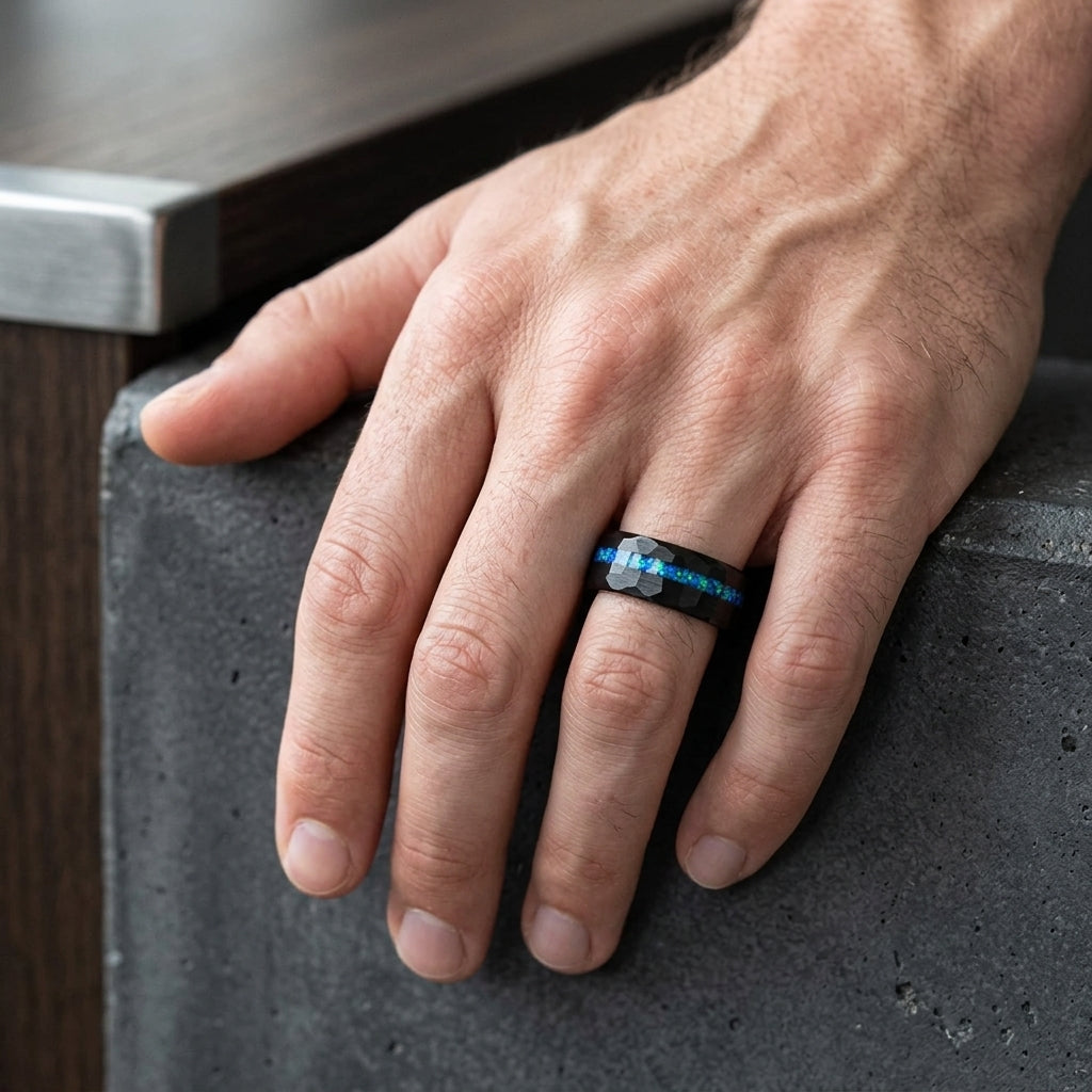 Black Hammered Tungsten Ring with Blue Opal Inlay