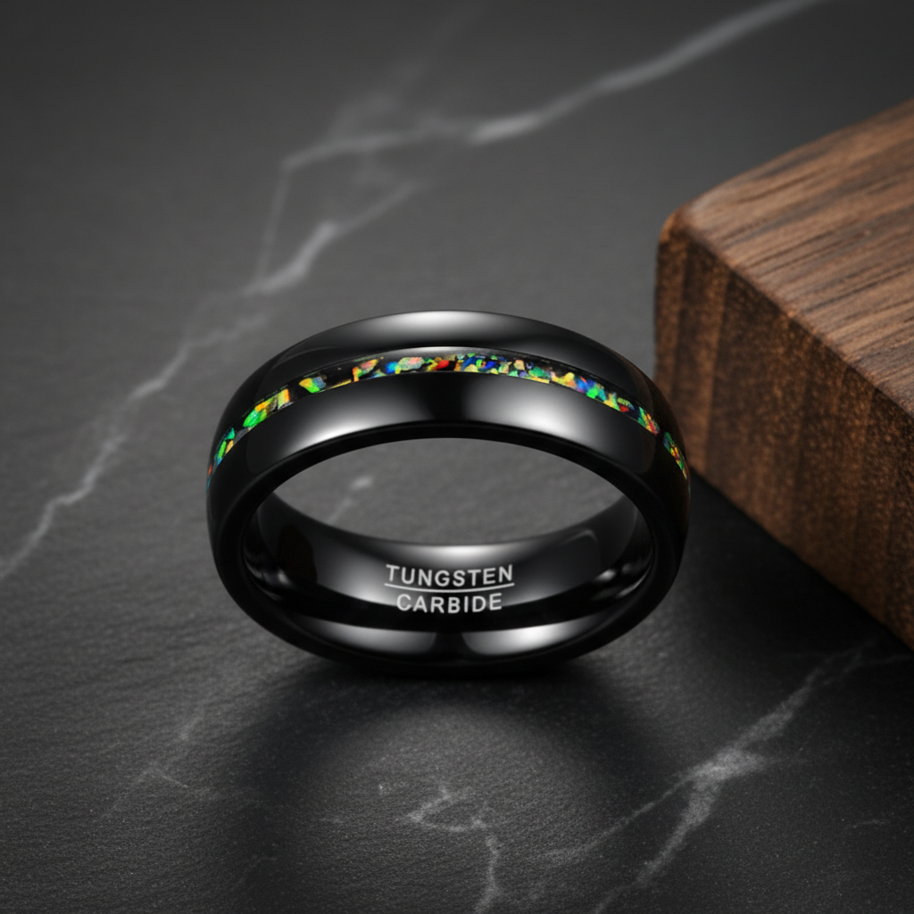 8mm Black Opal Dome Tungsten Carbide Ring