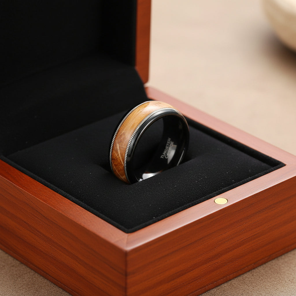 8mm-Black Tungsten Ring with Wood & Guitar String Inlay