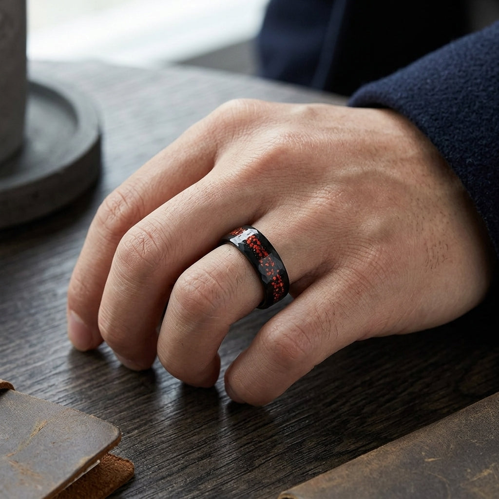 8mm-Black Tungsten Wedding Band with Red Opal Inlay