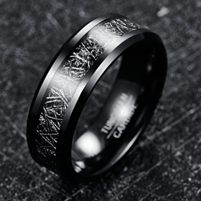 8mm Black Tungsten Ring – Meteorite & Carbon Fiber Inlay