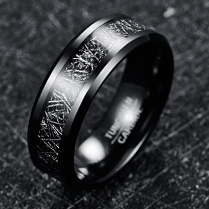 8mm Black Tungsten Ring – Meteorite & Carbon Fiber Inlay