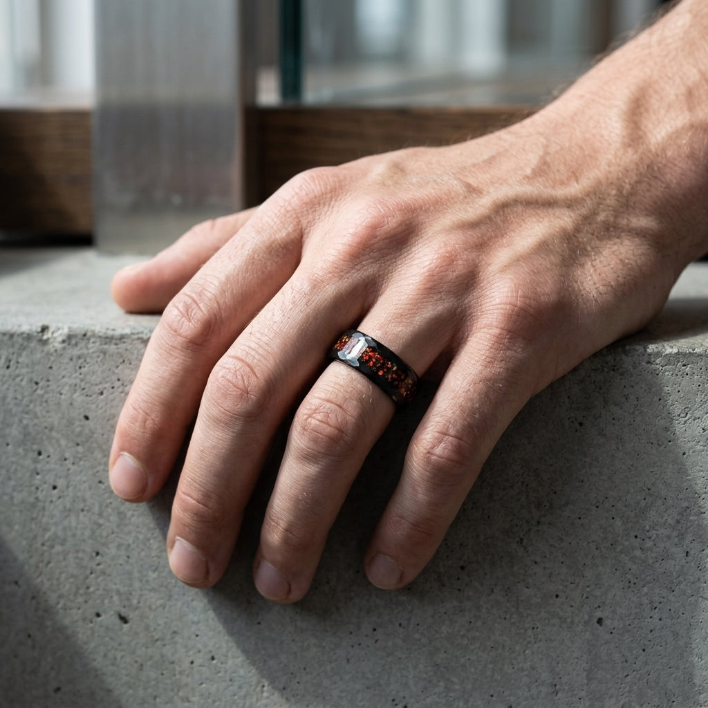 8mm-Black Tungsten Wedding Band with Red Opal Inlay