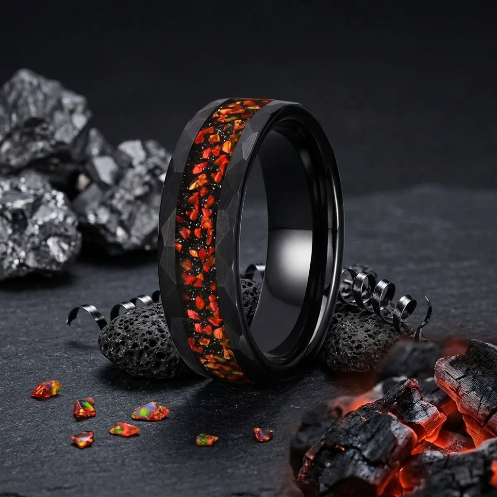 8mm-Black Tungsten Wedding Band with Red Opal Inlay
