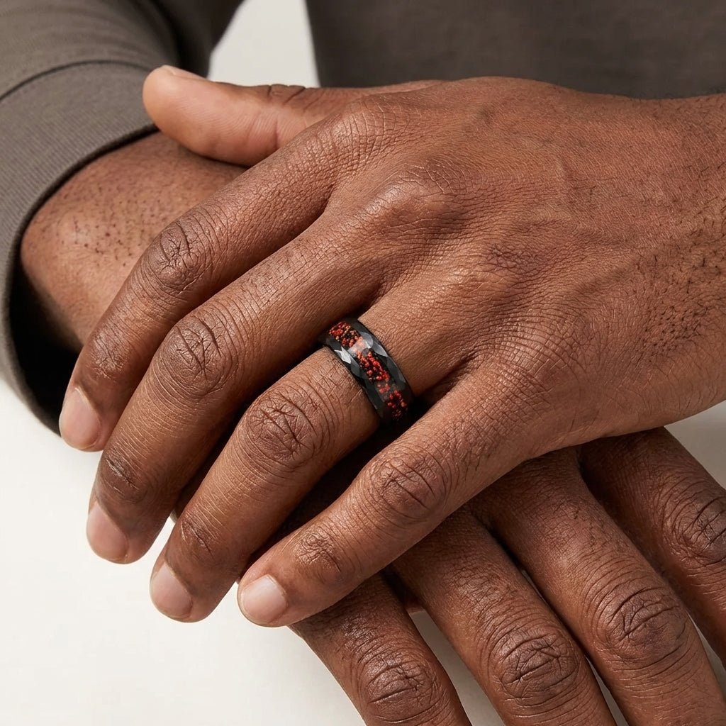 8mm-Black Tungsten Wedding Band with Red Opal Inlay