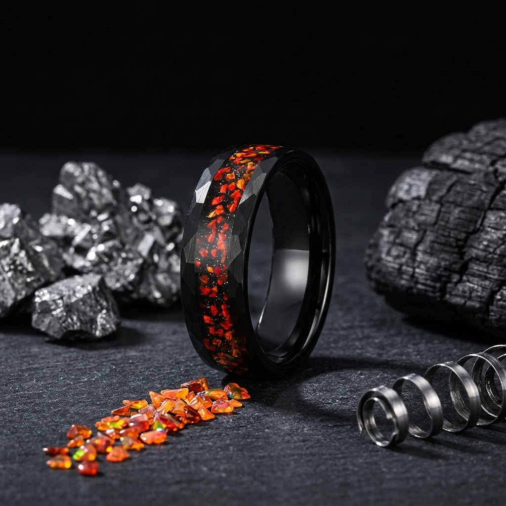 Black Tungsten Wedding Band with Red Opal Inlay